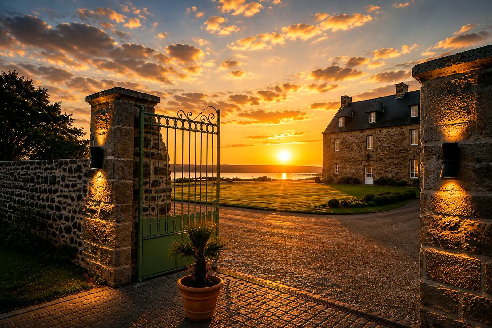 The manor gate at sunset